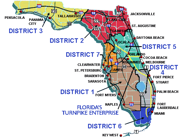 Natigation Map for the Florida Department of Transportation Districts.